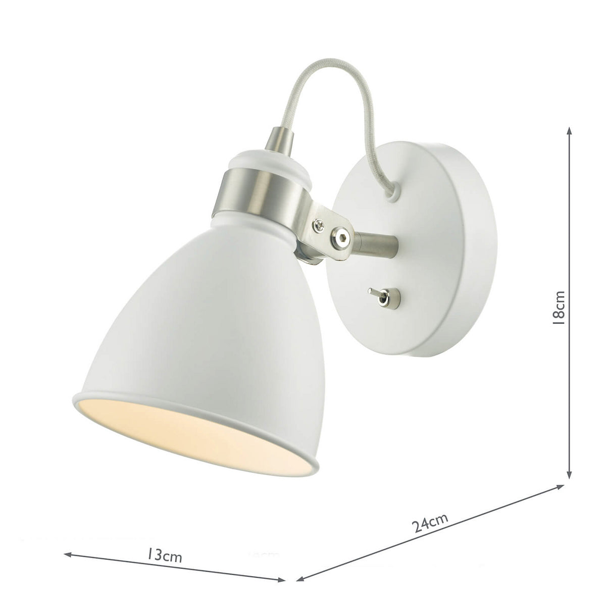 White wall light with a dome-shaped shade and brushed silver accents, showing dimensions of 18cm, 24cm, 13cm