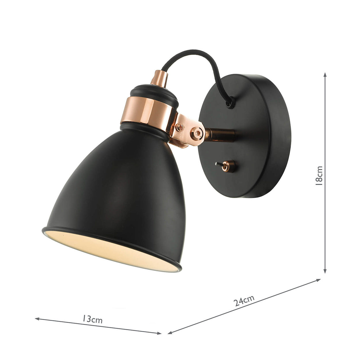 Black and copper wall light with dimensions 18cm height, 24cm width, 13cm depth