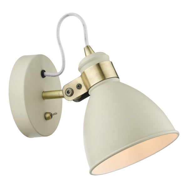 Cream metal wall light with brass accents and a flexible white braided cable