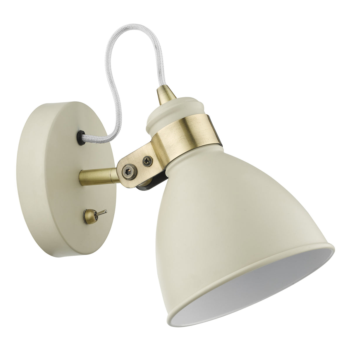 Cream wall light with a brass adjustable arm and a white braided cable