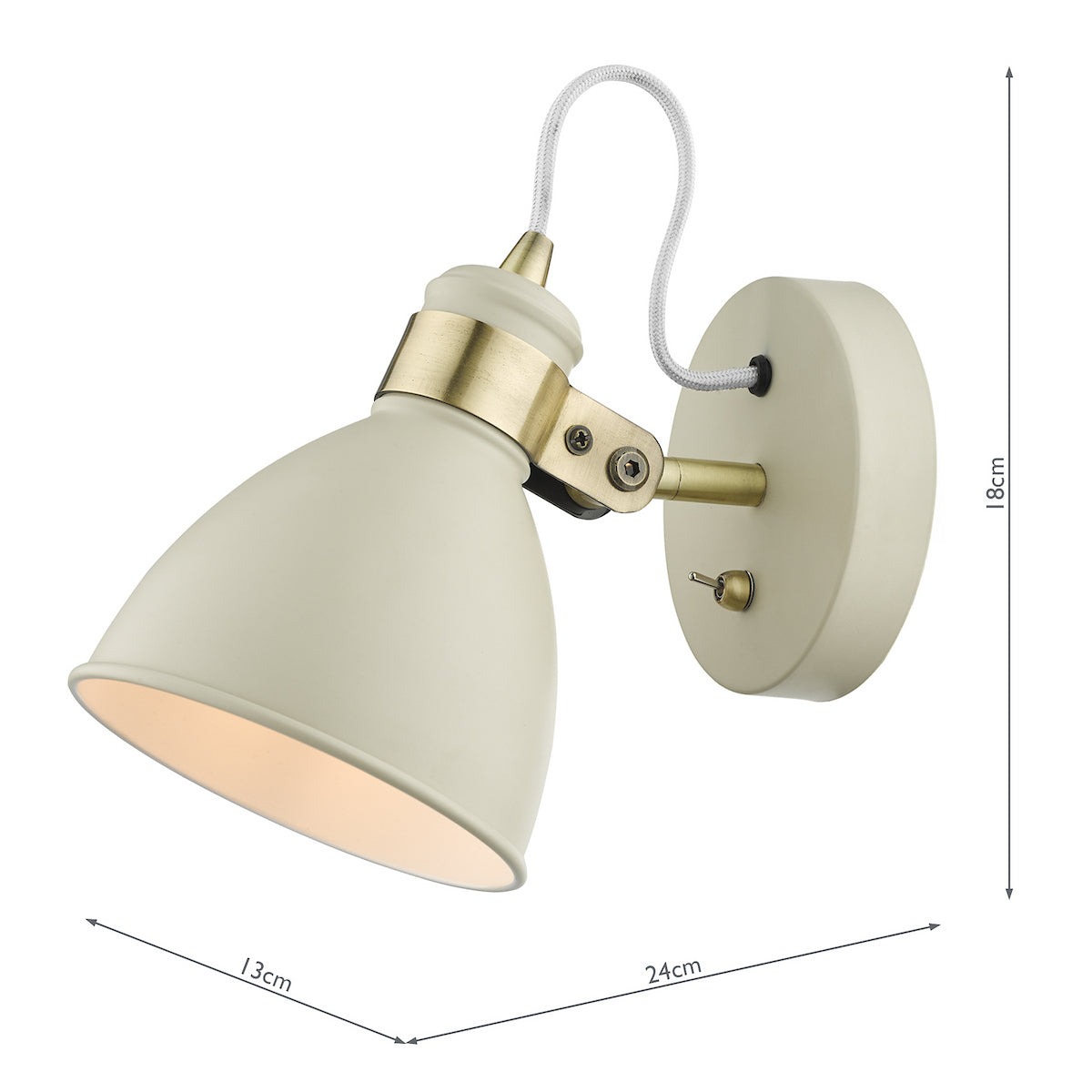 Cream metal wall light with brass accents and a white braided cord, showing dimensions