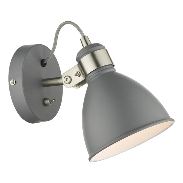 Grey wall light with a brushed steel adjustable arm and a toggle switch on the base