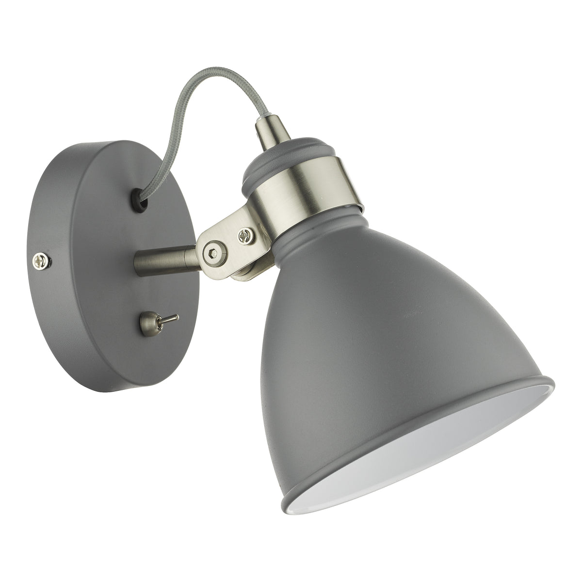 Grey wall light with a flexible arm and a toggle switch on a white background