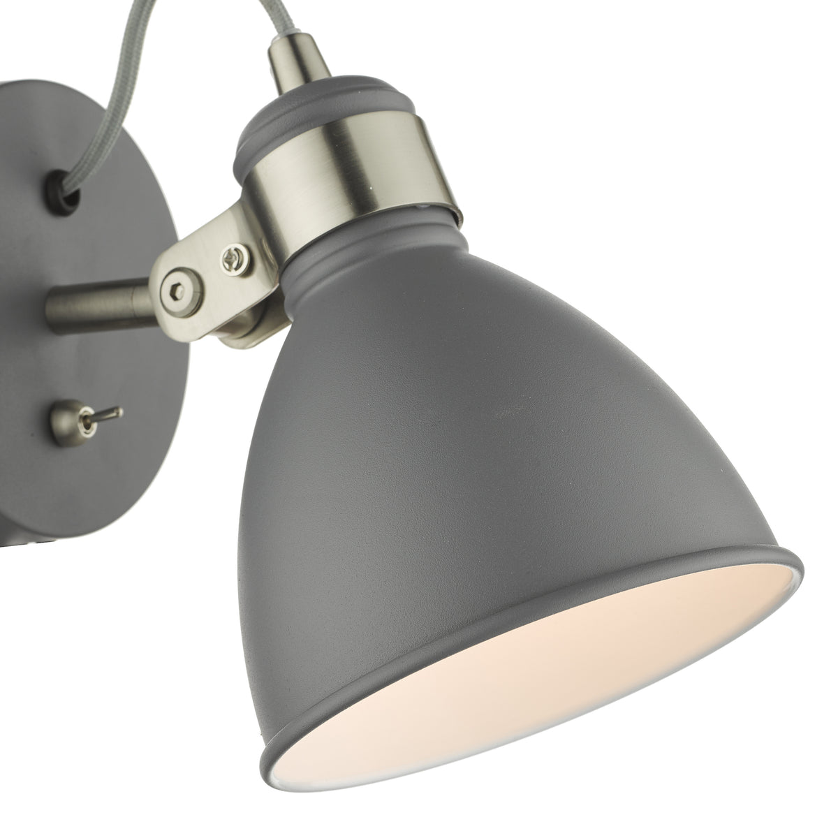 Grey wall light with a brushed nickel adjustable arm and a toggle switch on a white background