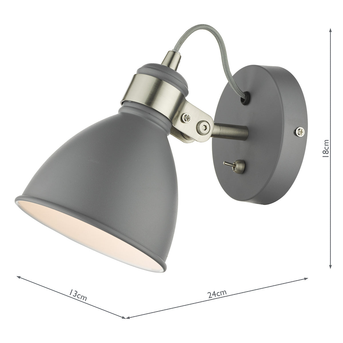 Grey wall light with a dome-shaped shade, brushed silver accents, and a toggle switch, showing dimensions