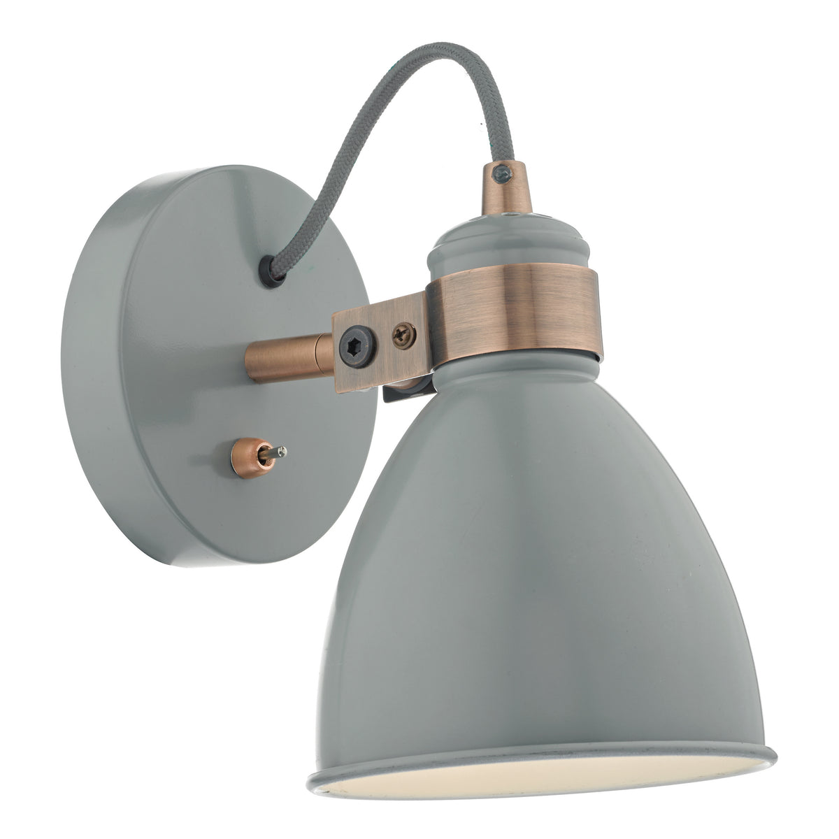 Grey wall light with a dome-shaped shade and copper accents