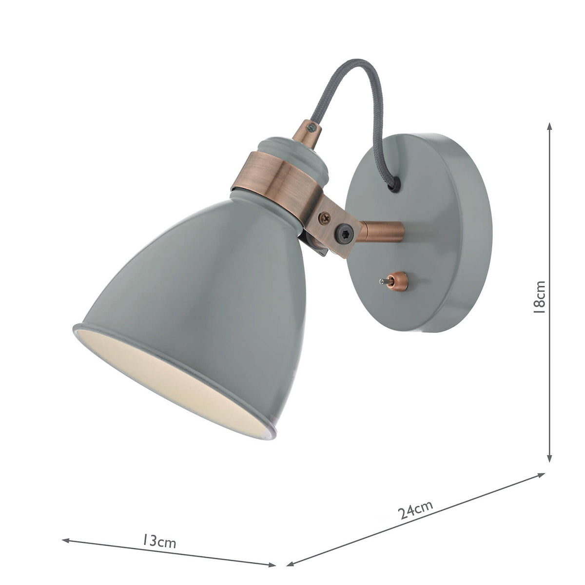 Grey wall light with copper accents and a flexible arm, dimensions 18cm by 24cm by 13cm
