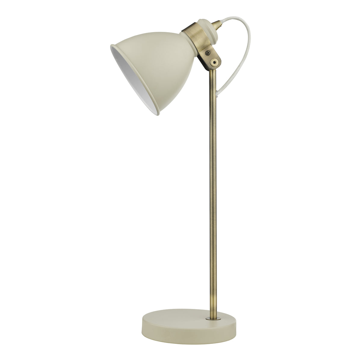 Cream desk lamp with a brass stem and adjustable head