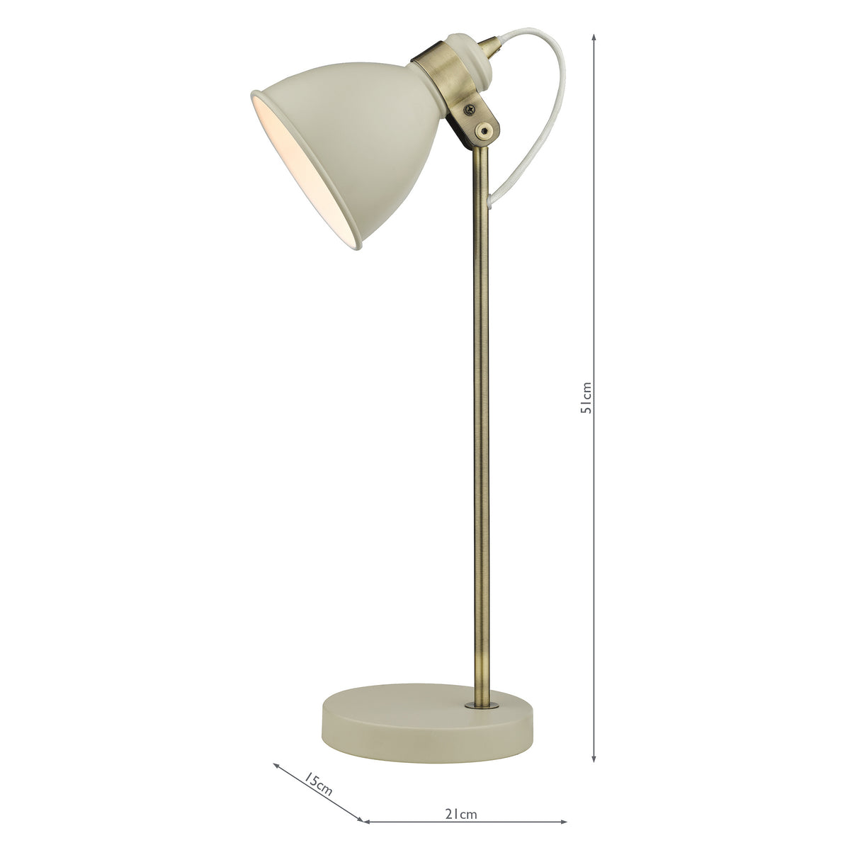 Cream desk lamp with a brass stem and base, showing dimensions of 51cm height, 21cm width, and 15cm depth