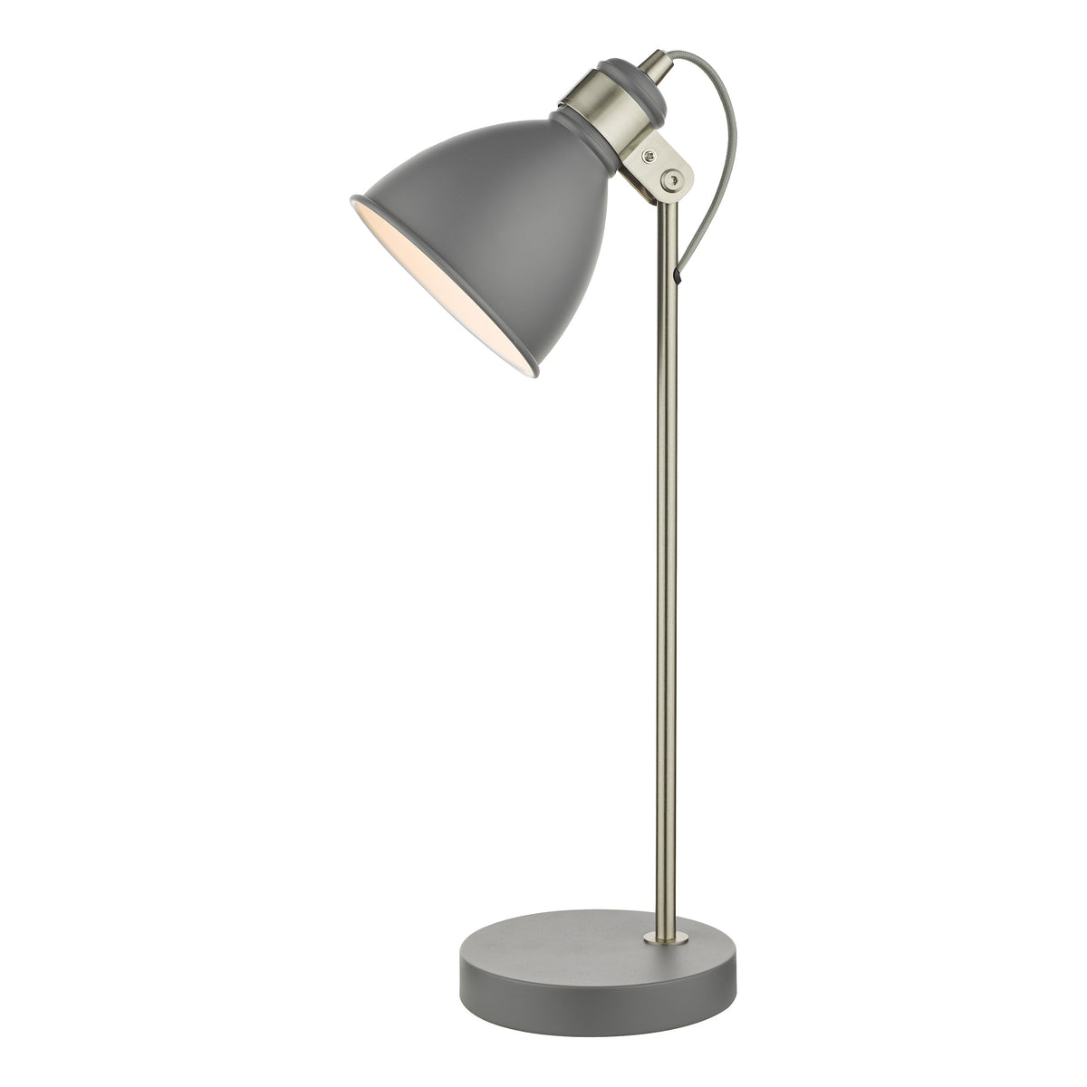 Grey desk lamp with a round base and a brushed steel stem and adjustable head