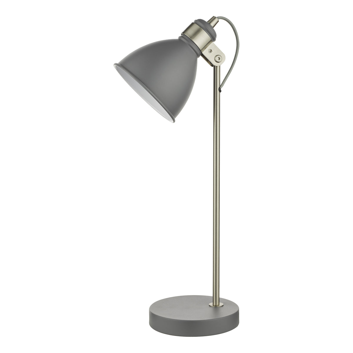 Grey desk lamp with a round base and an adjustable arm
