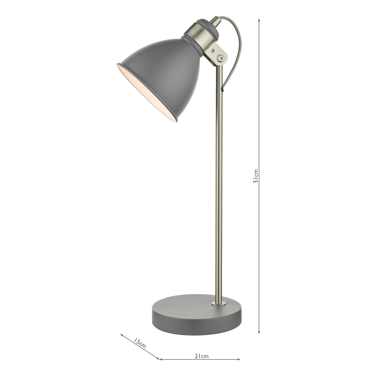 Grey metal desk lamp with a round base and adjustable head, showing dimensions of 51cm height, 21cm width, 15cm depth