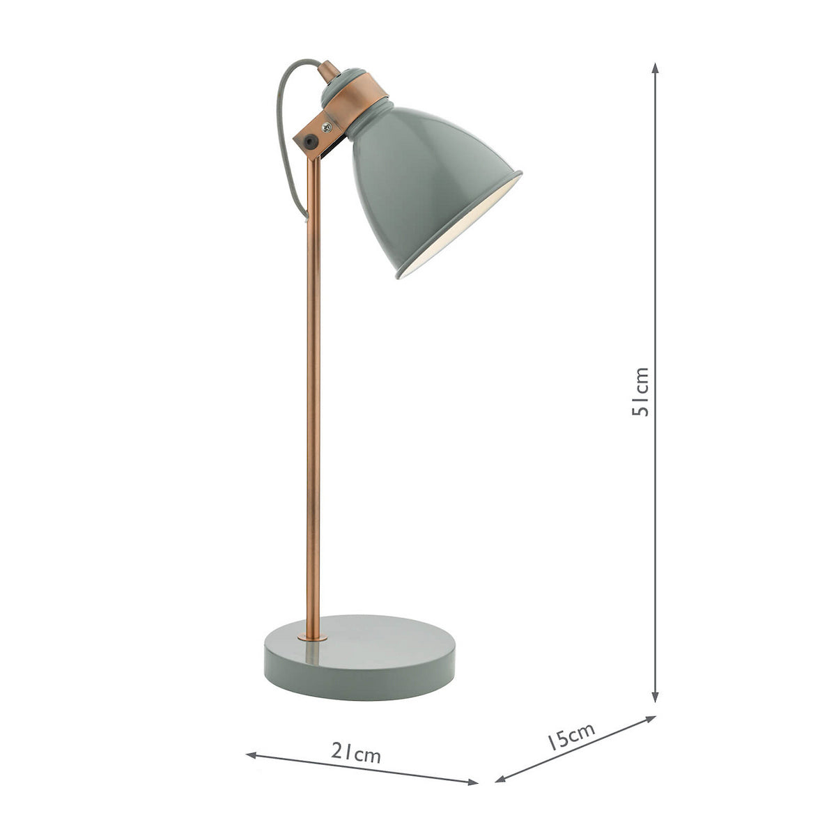 Sage green and copper desk lamp with dimensions 51cm high, 21cm wide, and 15cm deep.