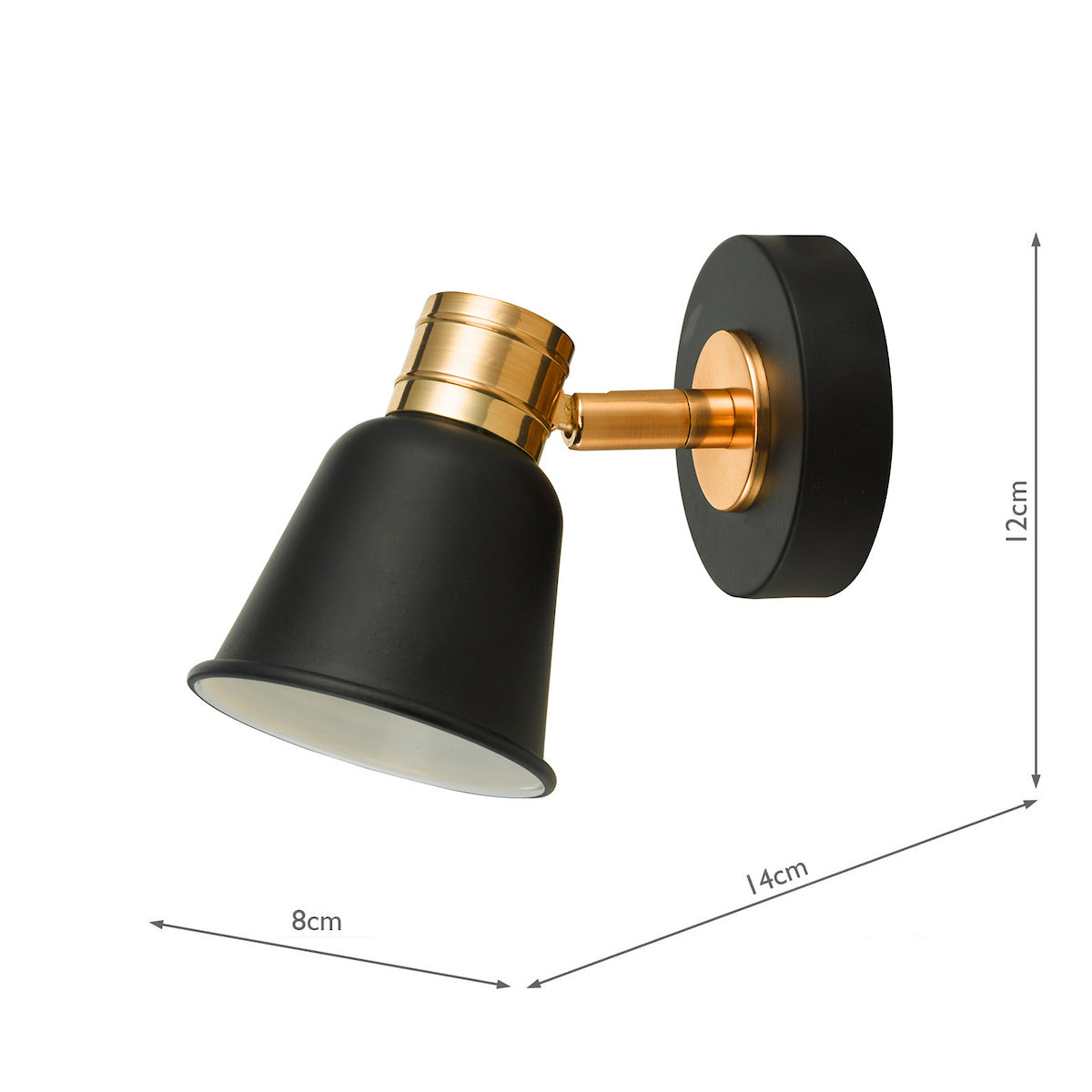 Black and gold wall light with dimensions 12cm high, 14cm wide, and 8cm deep