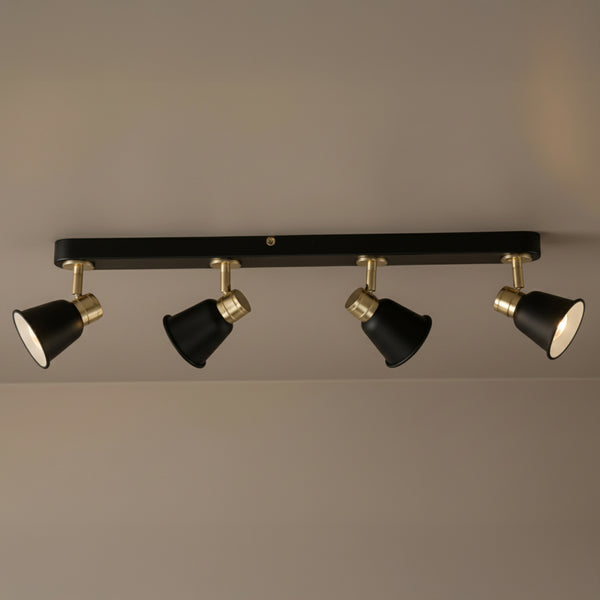 Black and brass four-light track lighting fixture