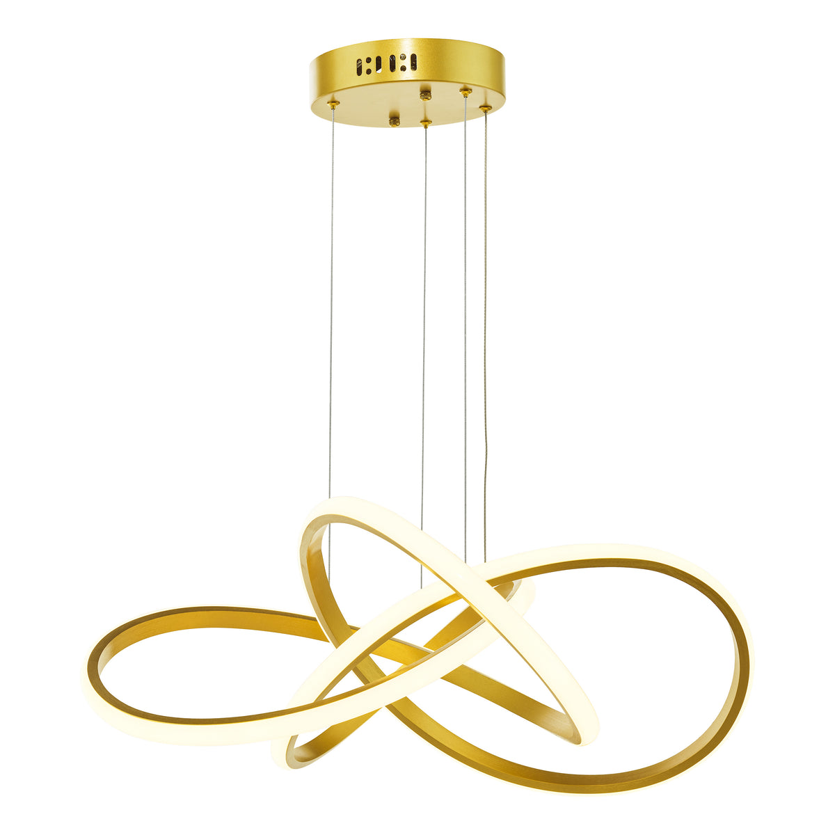Gold chandelier with three intertwined rings, each illuminated with a strip of light