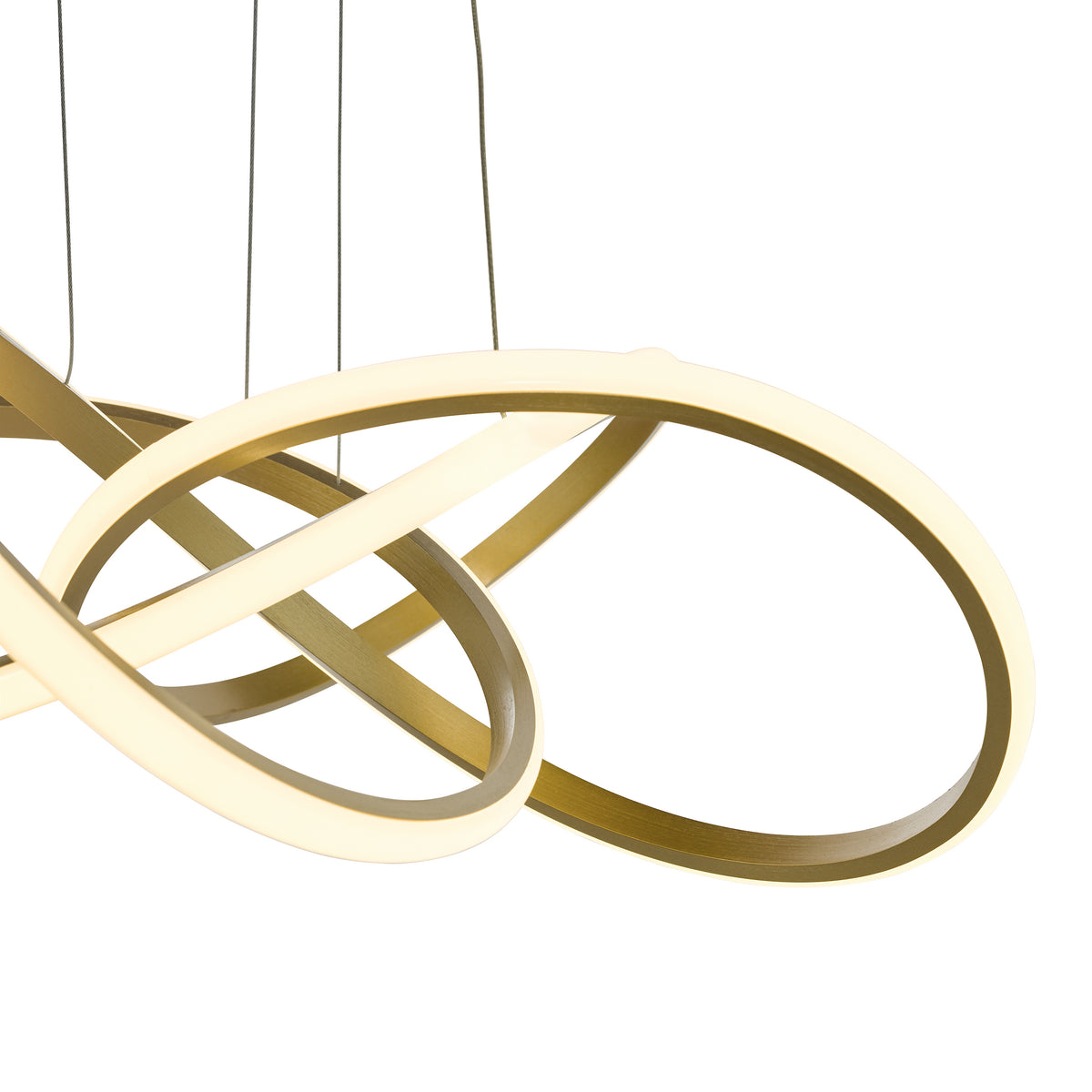 Close-up of a modern gold chandelier with intertwined illuminated rings against a white background