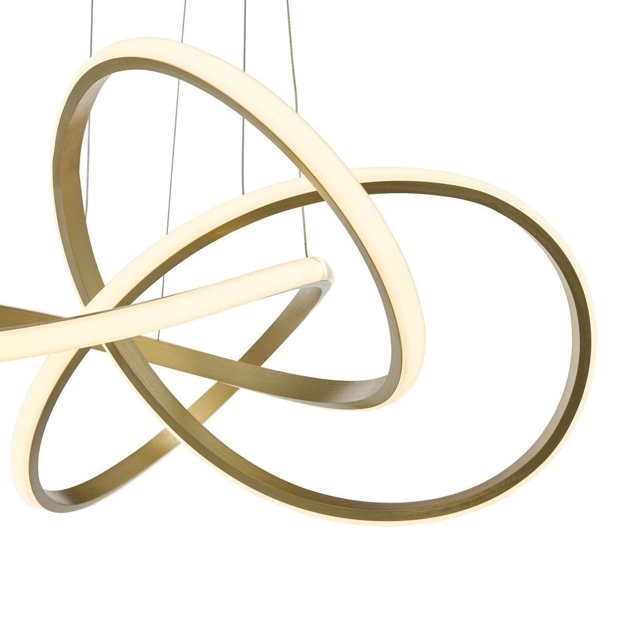 Close up of a gold chandelier with intertwined rings