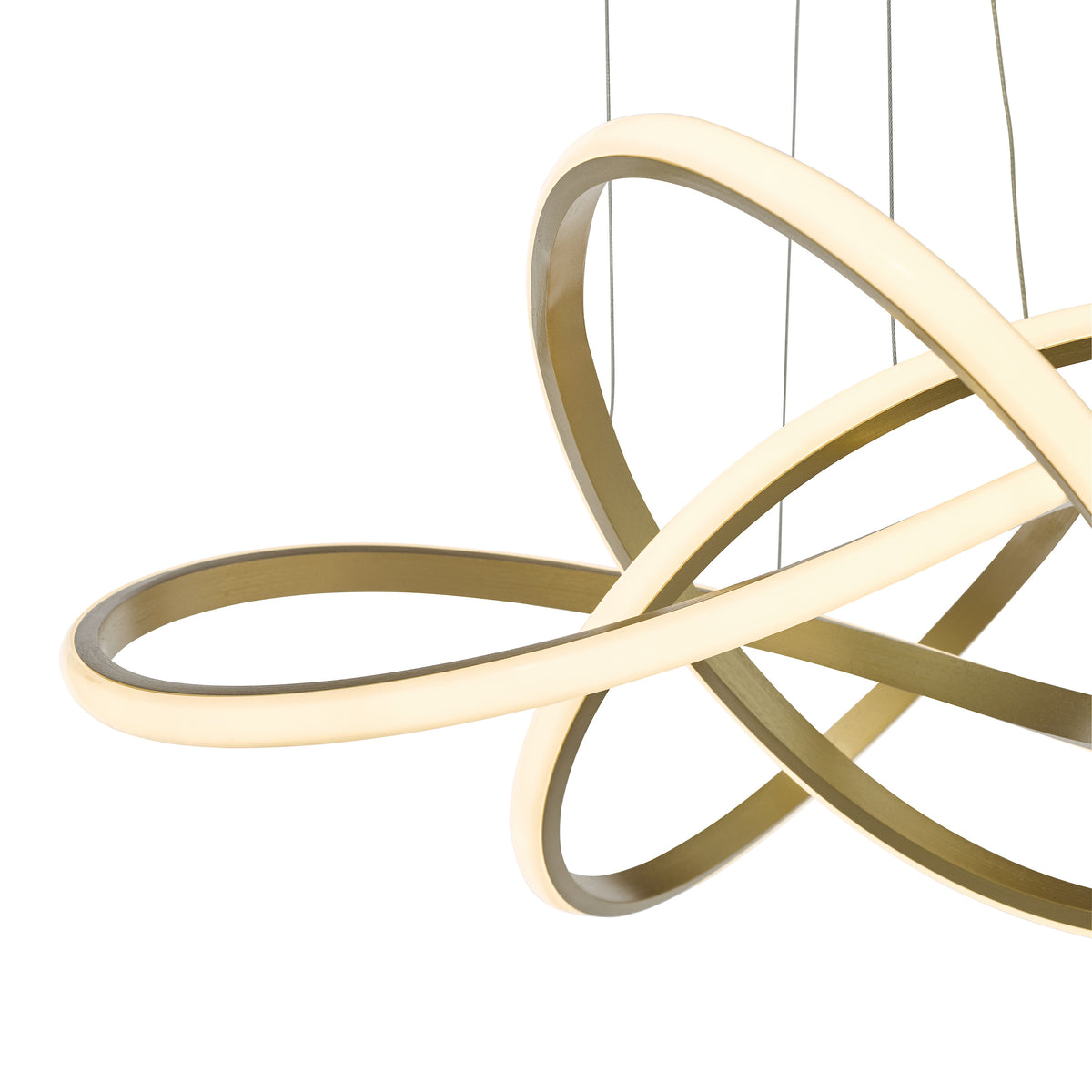 Close up of a modern gold chandelier with three intertwined rings, each illuminated with an LED strip