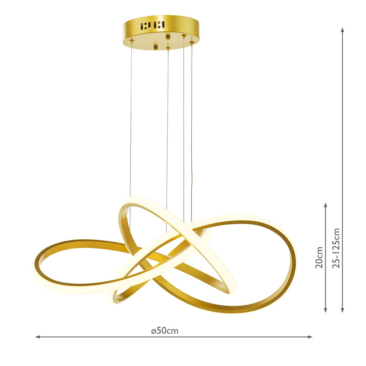 Gold chandelier with three intertwined rings, illuminated, with dimensions of 50cm width and 25-125cm height