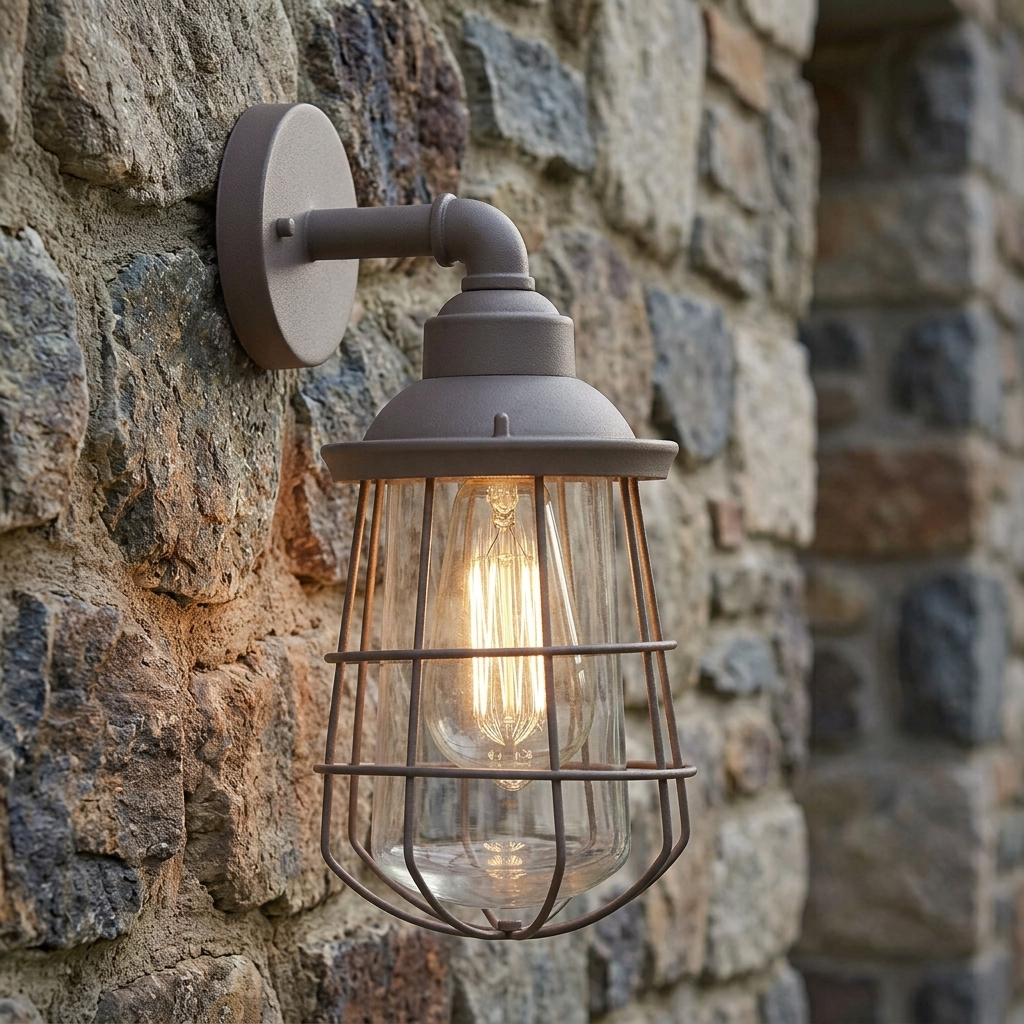 Garden Trading Finsbury exterior wall light in charcoal mounted on a stone wall