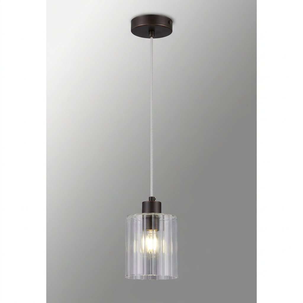 Tutbury IP44 Single Drop Pendant with Bronze Metalwork and Clear Ripple Glass Shade