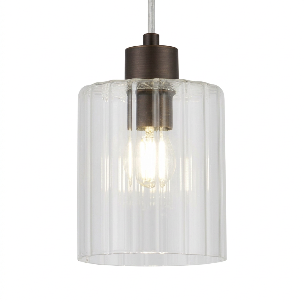 Tutbury IP44 Single Drop Pendant with Bronze Metalwork and Clear Ripple Glass Shade