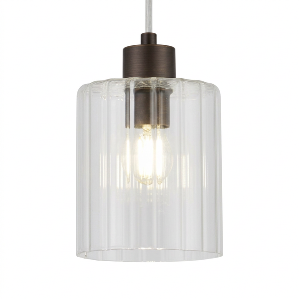 Tutbury IP44 Single Drop Pendant with Bronze Metalwork and Clear Ripple Glass Shade
