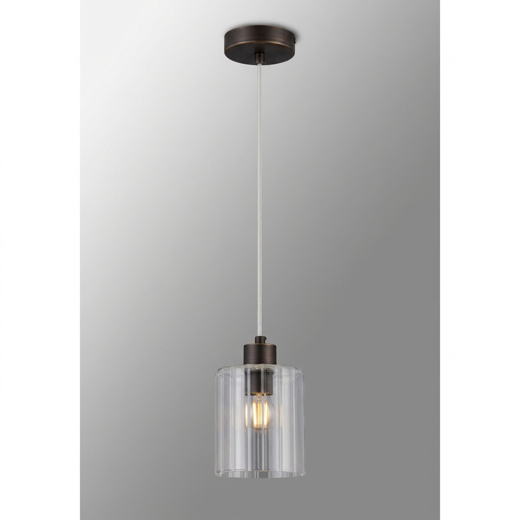 Tutbury IP44 Single Drop Pendant with Bronze Metalwork and Clear Ripple Glass Shade
