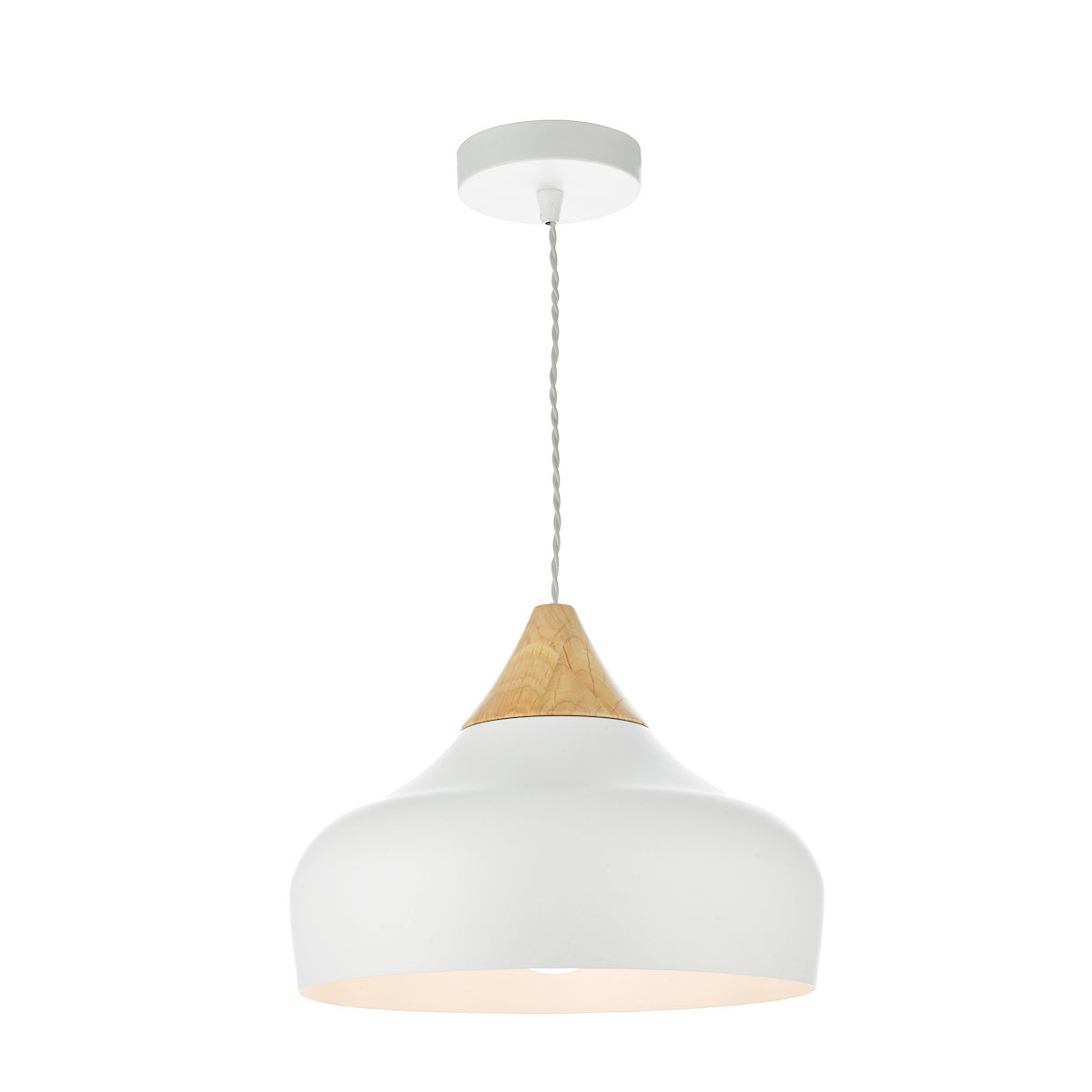 White pendant light with a natural wood accent, hanging from a white ceiling rose by a grey braided cord. 