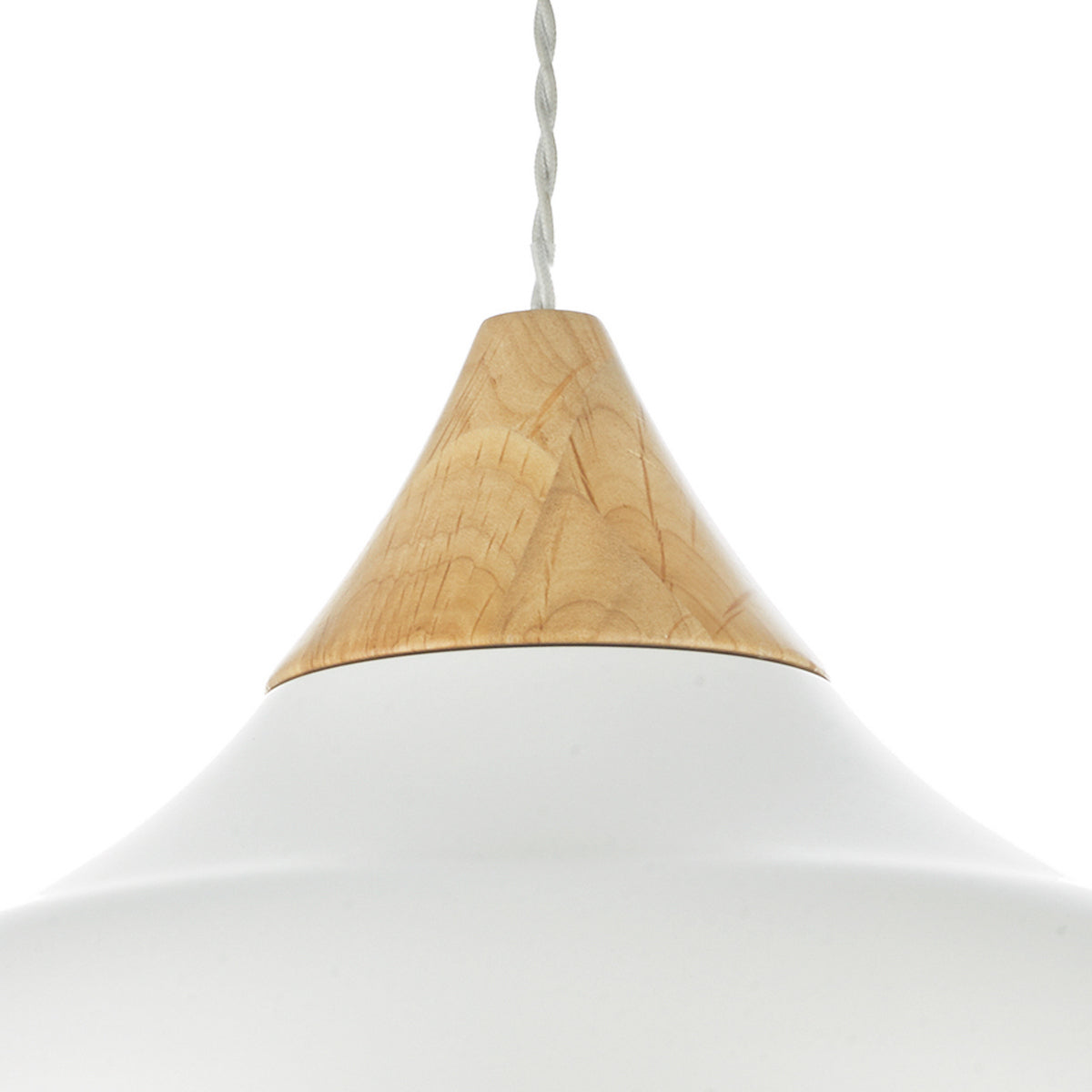 Close-up of a white pendant light with a light wood conical top and a twisted white cord.