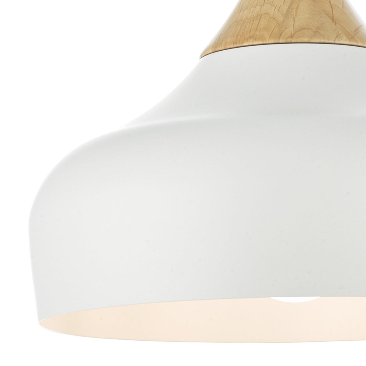 White pendant light with a wooden top, emitting a warm glow from its base.