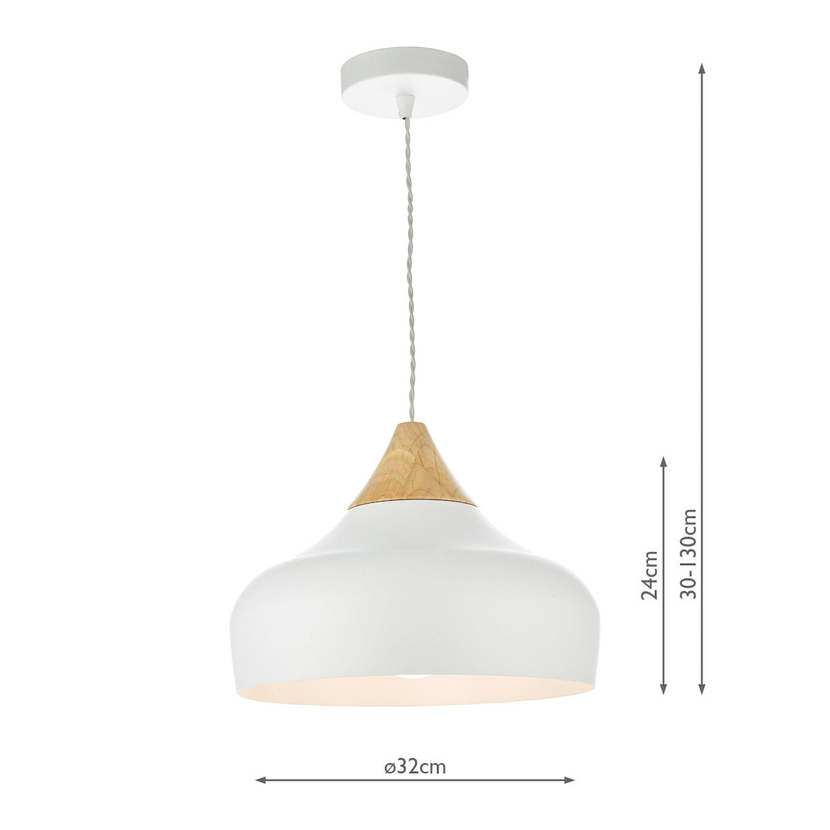 White pendant light with a wooden top and visible dimensions.