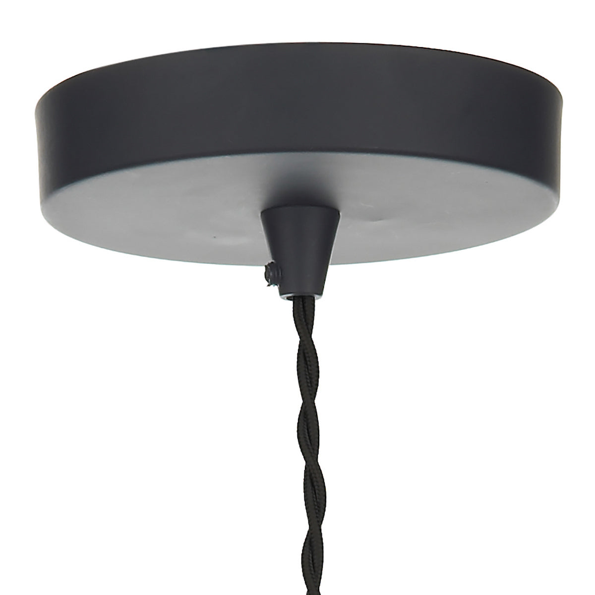 Black ceiling rose with a twisted black fabric cable.