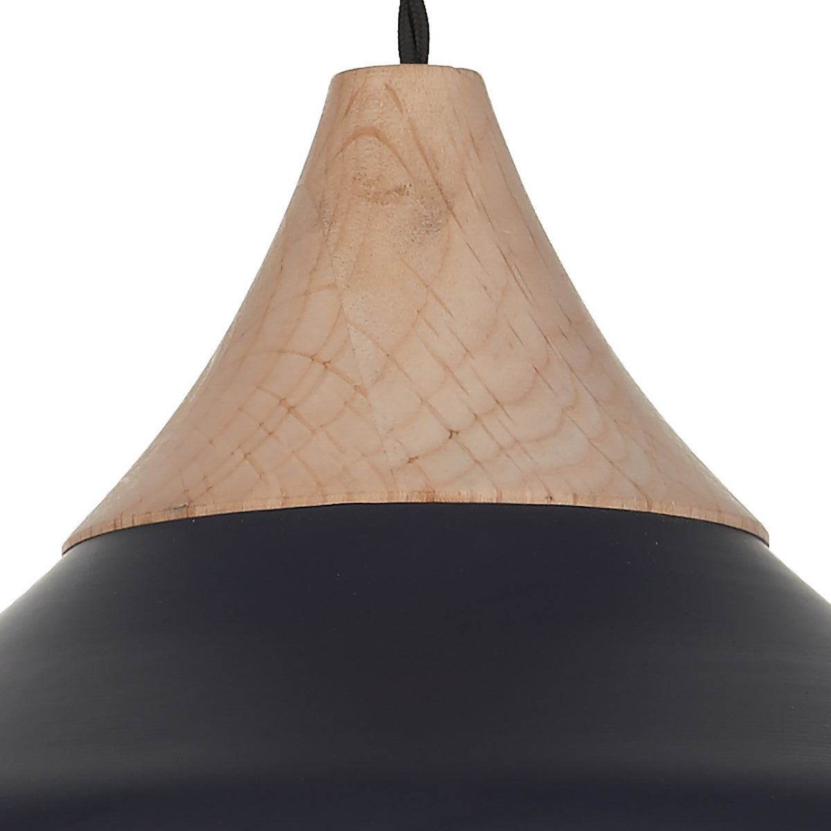 Close-up of a black pendant light with a light wood top.