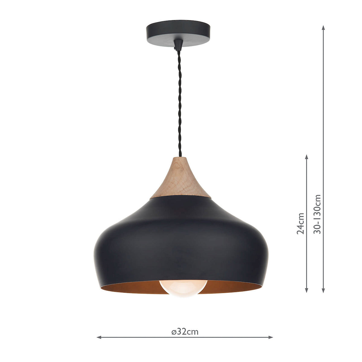 Black pendant light with a wooden top and a visible light bulb.
