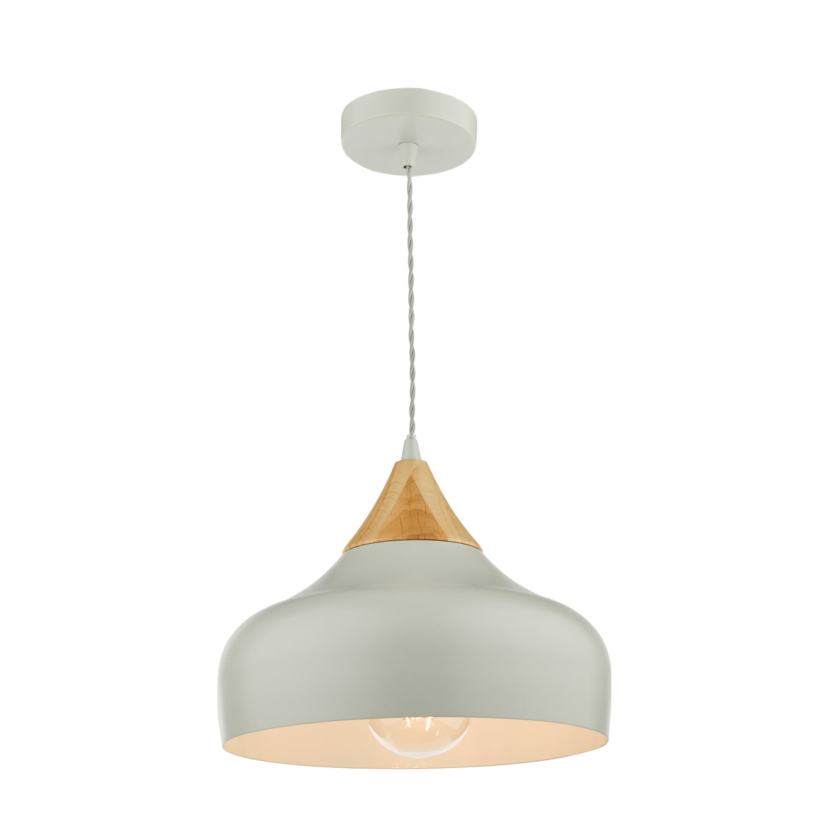 Light grey pendant light with a natural wood accent and a visible bulb