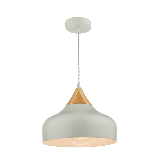 Light grey pendant light with a natural wood accent and a visible bulb