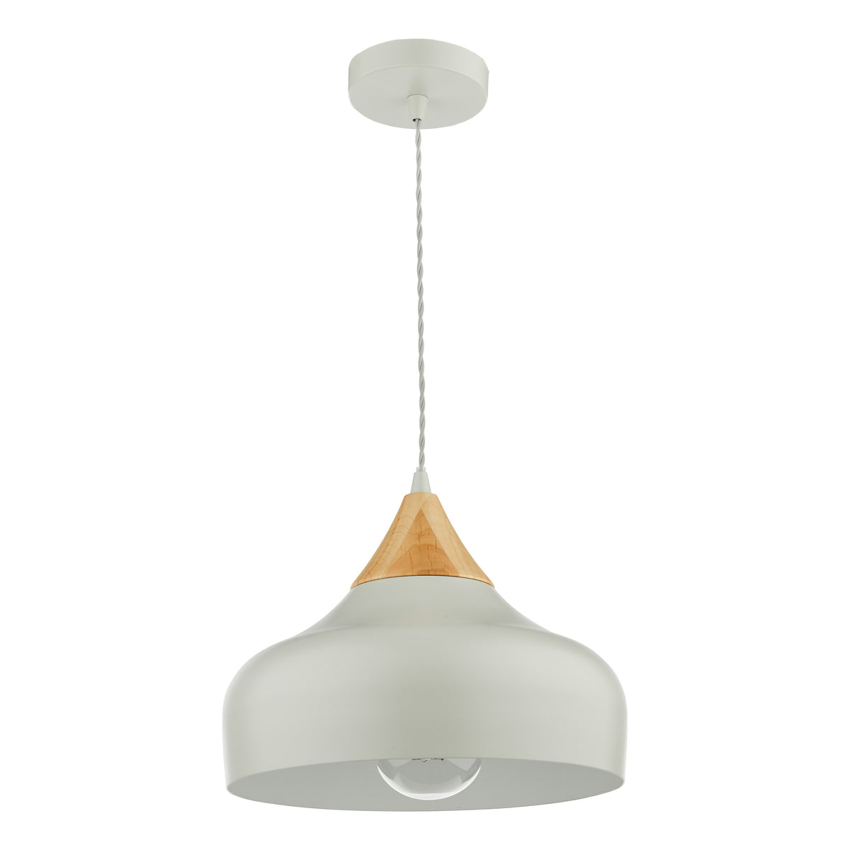 Light grey pendant light with a natural wood accent and a clear bulb on a white background