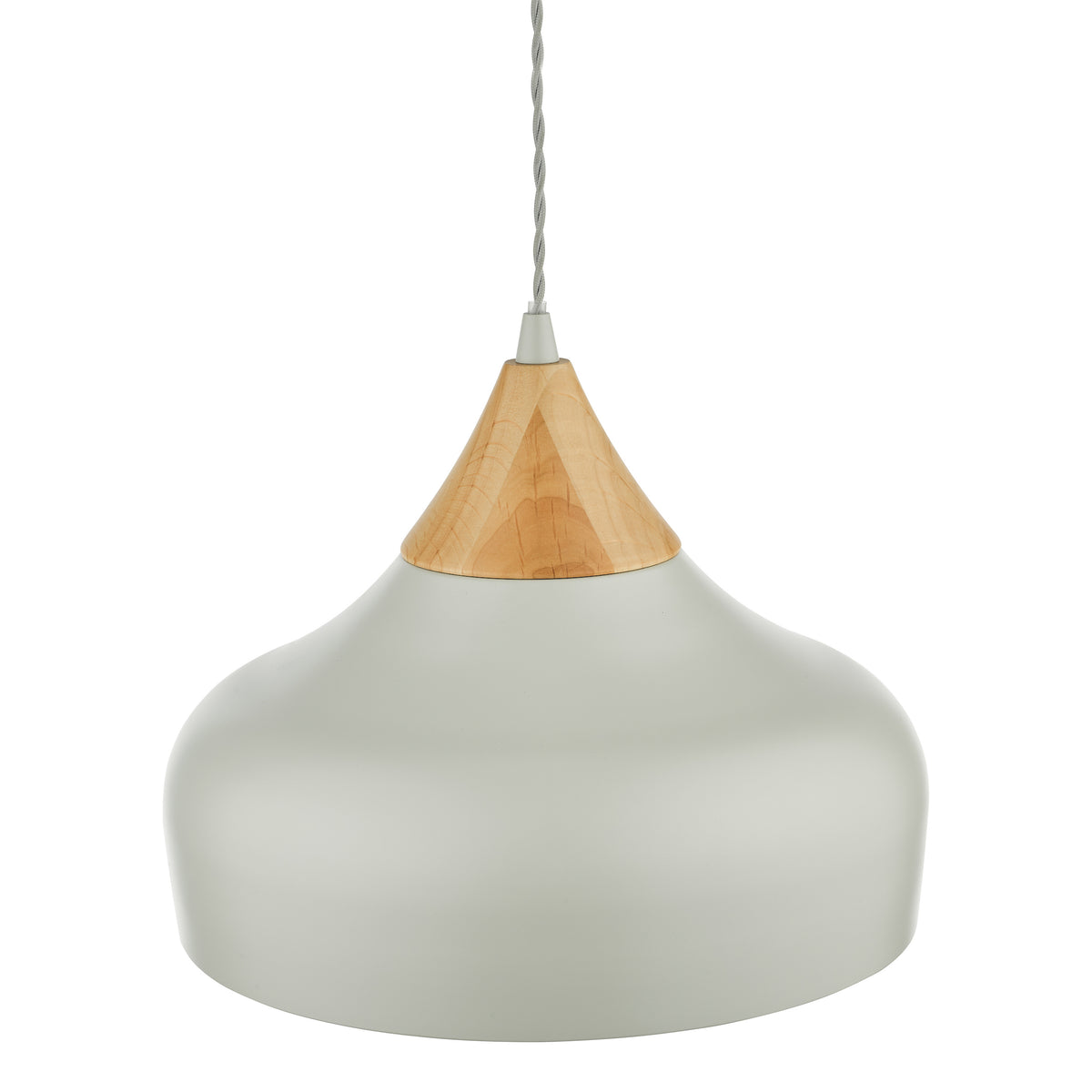 Light grey pendant light with a natural wood top and a grey braided cord