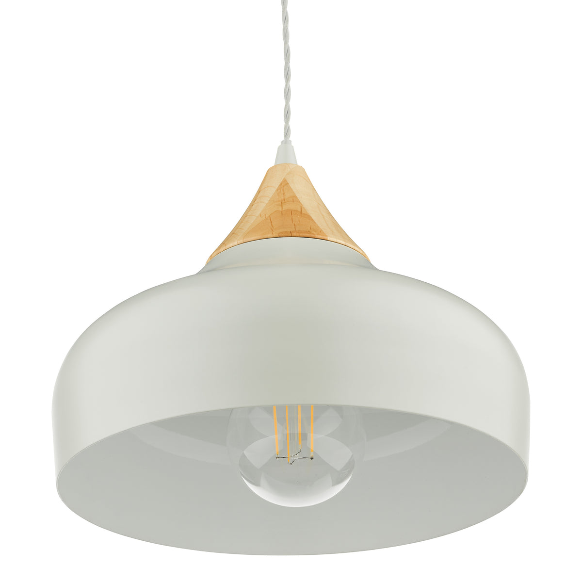 White metal pendant light with a natural wood accent and an exposed filament bulb