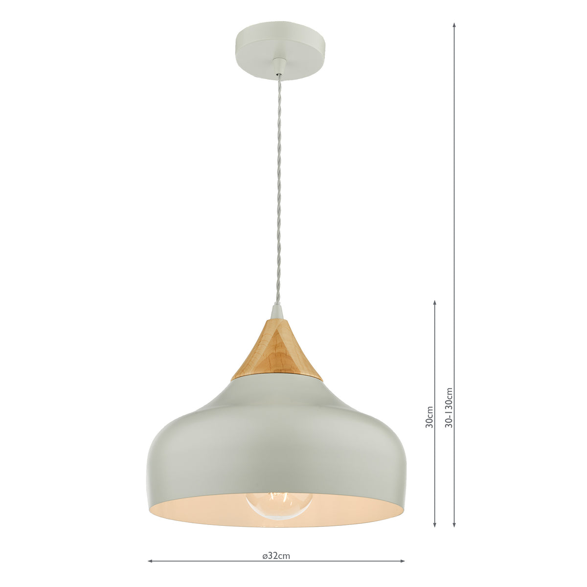 Light grey pendant light with a natural wood accent and exposed bulb, showing dimensions
