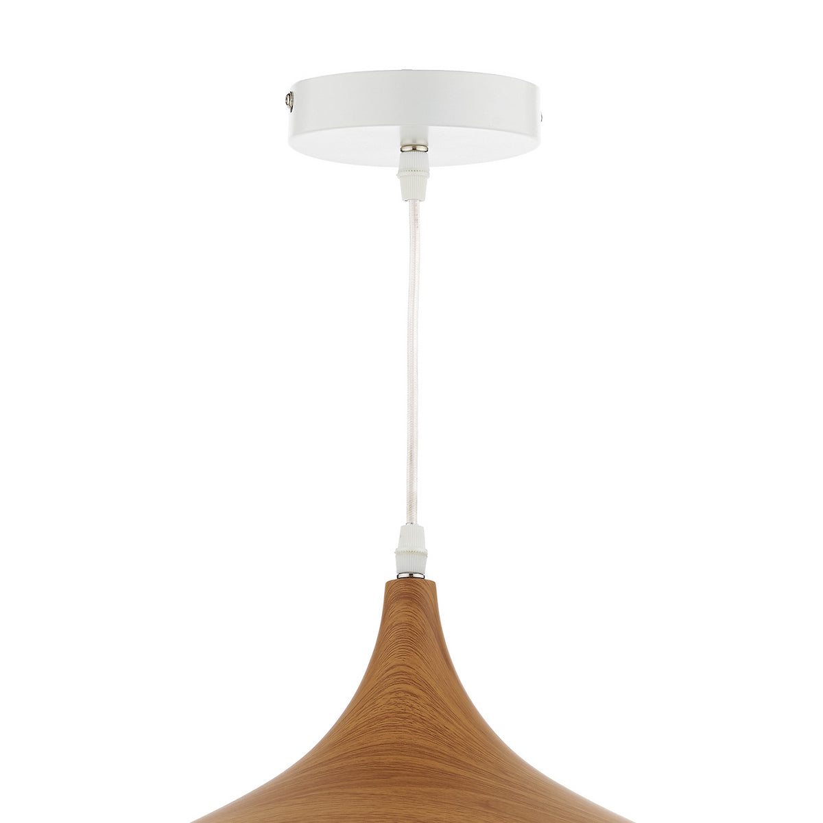 A close-up of a wooden pendant light with a white ceiling rose and braided cable.