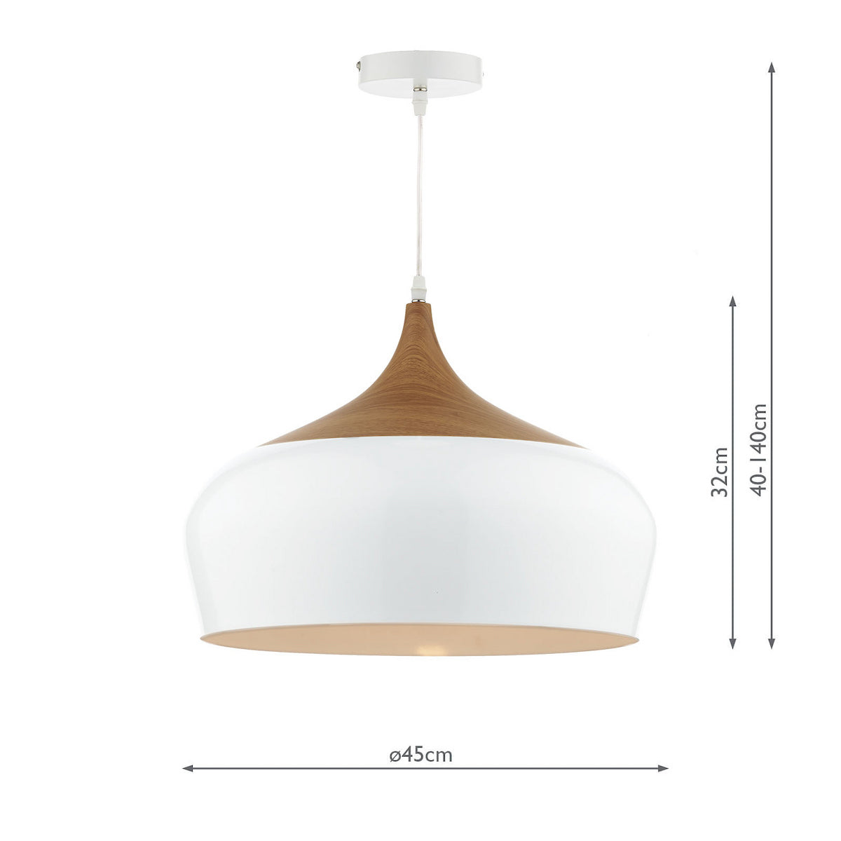 White and wood pendant light with dimensions.
