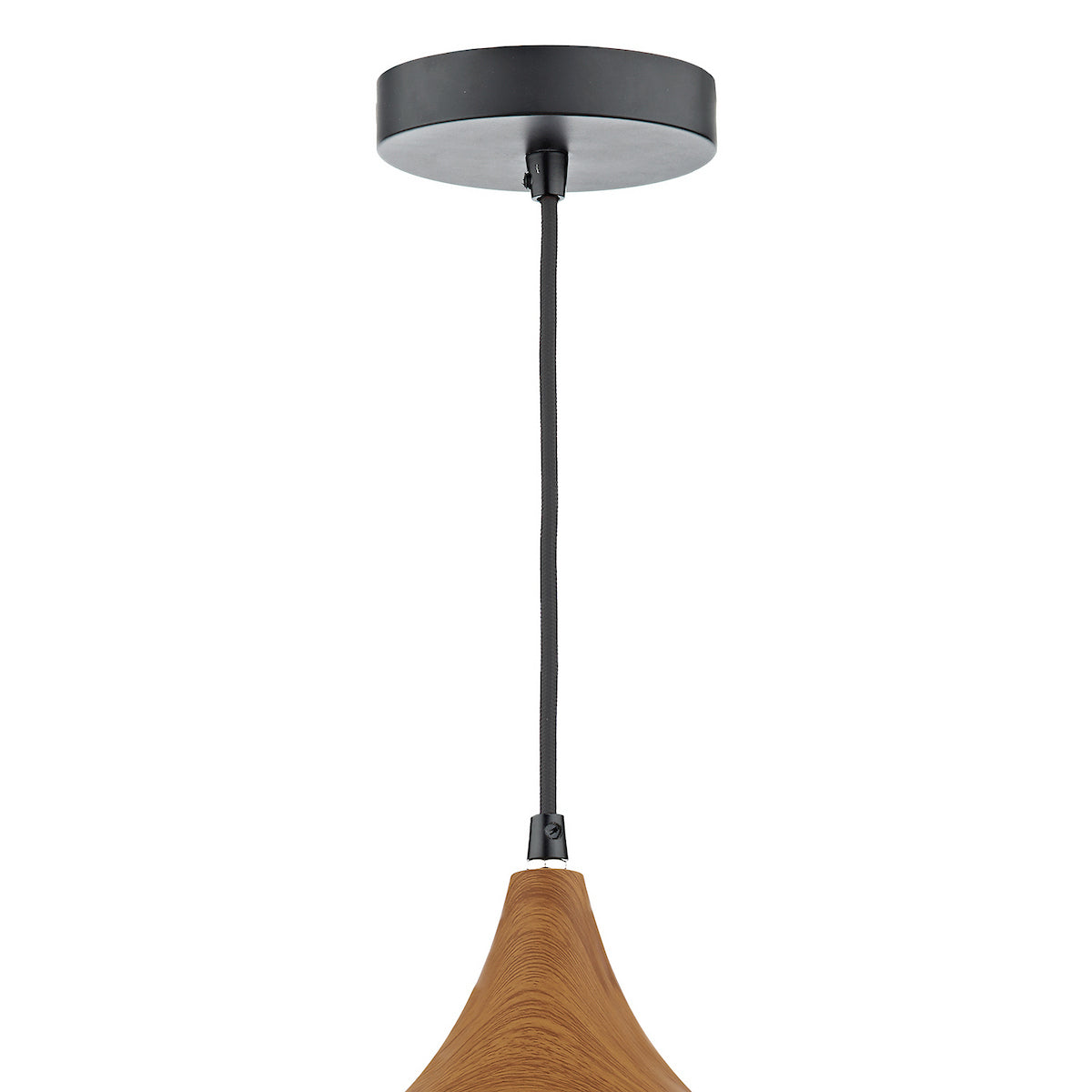 A modern pendant light with a black ceiling rose and a wooden, bell-shaped shade.