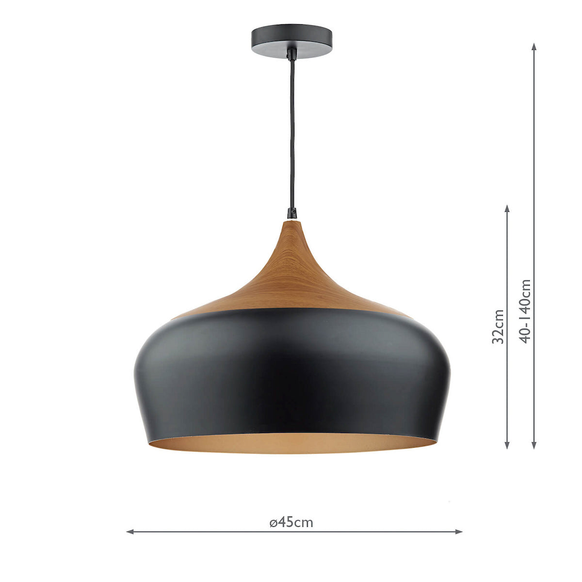 Black and wood pendant light with gold interior, showing dimensions of 45cm diameter and 40-140cm height.