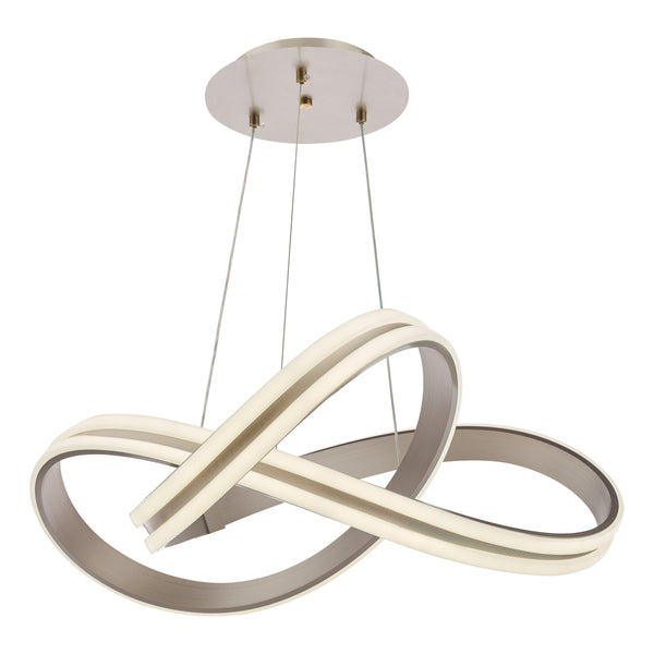 Modern LED chandelier with a brushed nickel finish and an infinity loop design