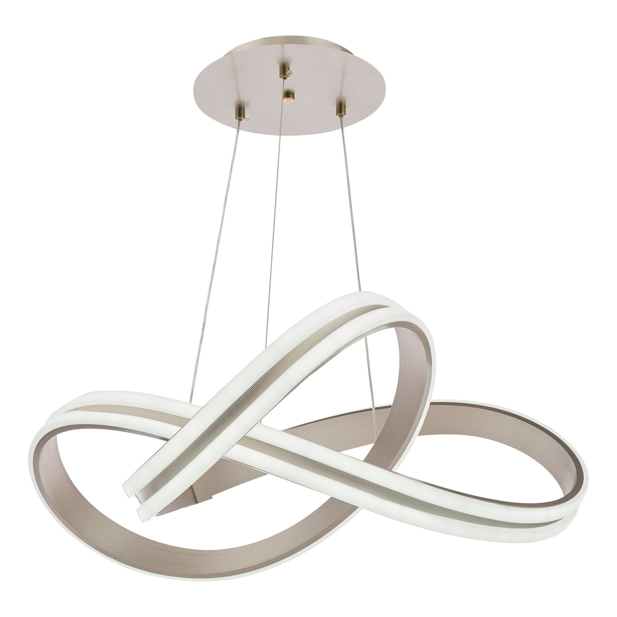 Modern LED chandelier with a brushed nickel finish and an infinity loop design