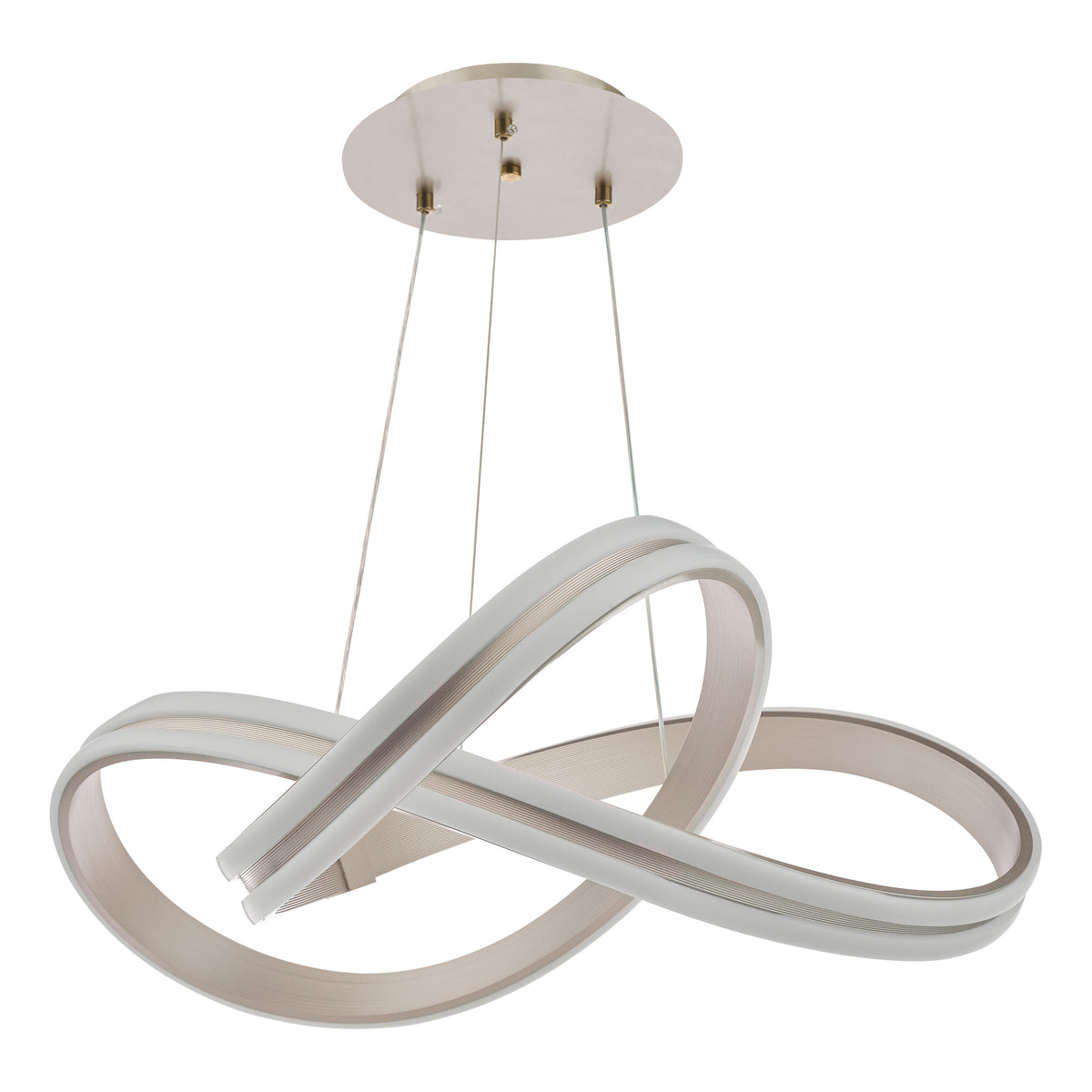 Modern LED chandelier with two intertwined, ribbon-like light strips in a brushed metal finish