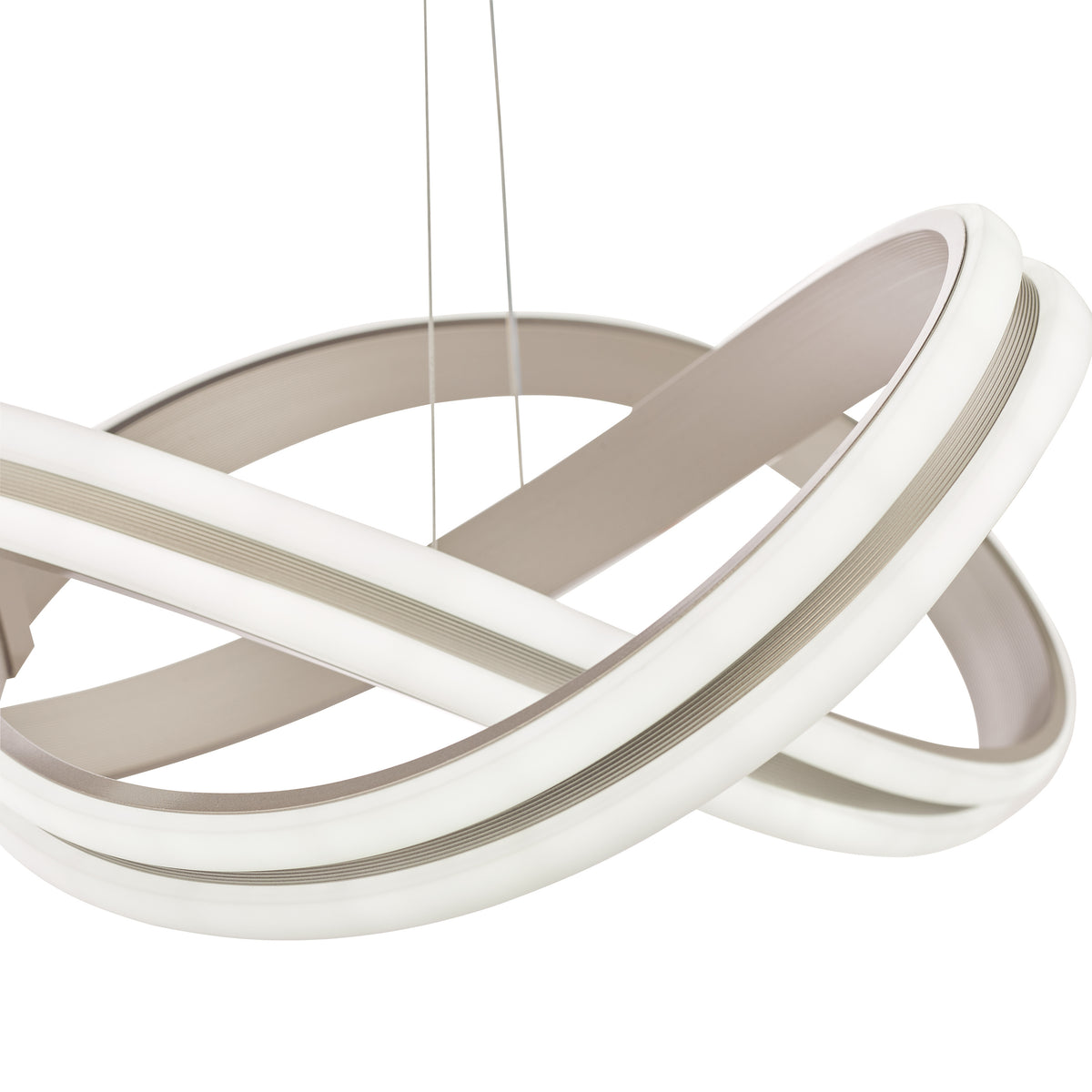 Modern LED pendant light with intertwined white and gray rings